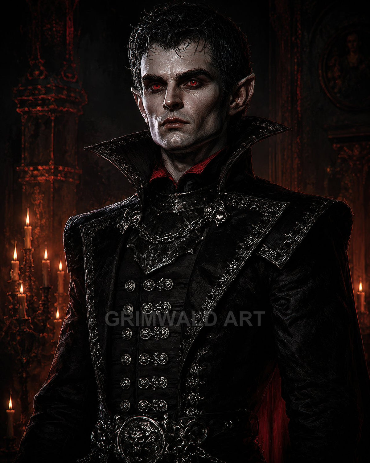 Regal male vampire with red eyes in an ornate black high-collared coat and chains, standing in a candlelit gothic castle interior with candelabra.