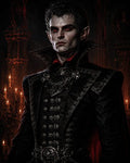 GRID THUMBNAIL — Regal male vampire with red eyes in an ornate black high-collared coat and chains, standing in a candlelit gothic castle interior with candelabra.