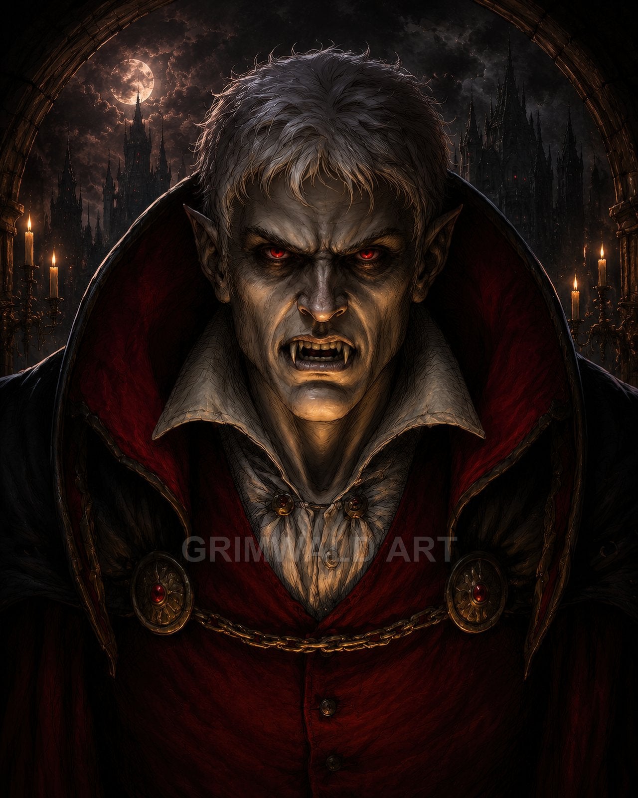 A pale, red-eyed vampire with fangs snarls under a high-collared red cloak, framed by gothic arches, candles, and a moonlit castle.