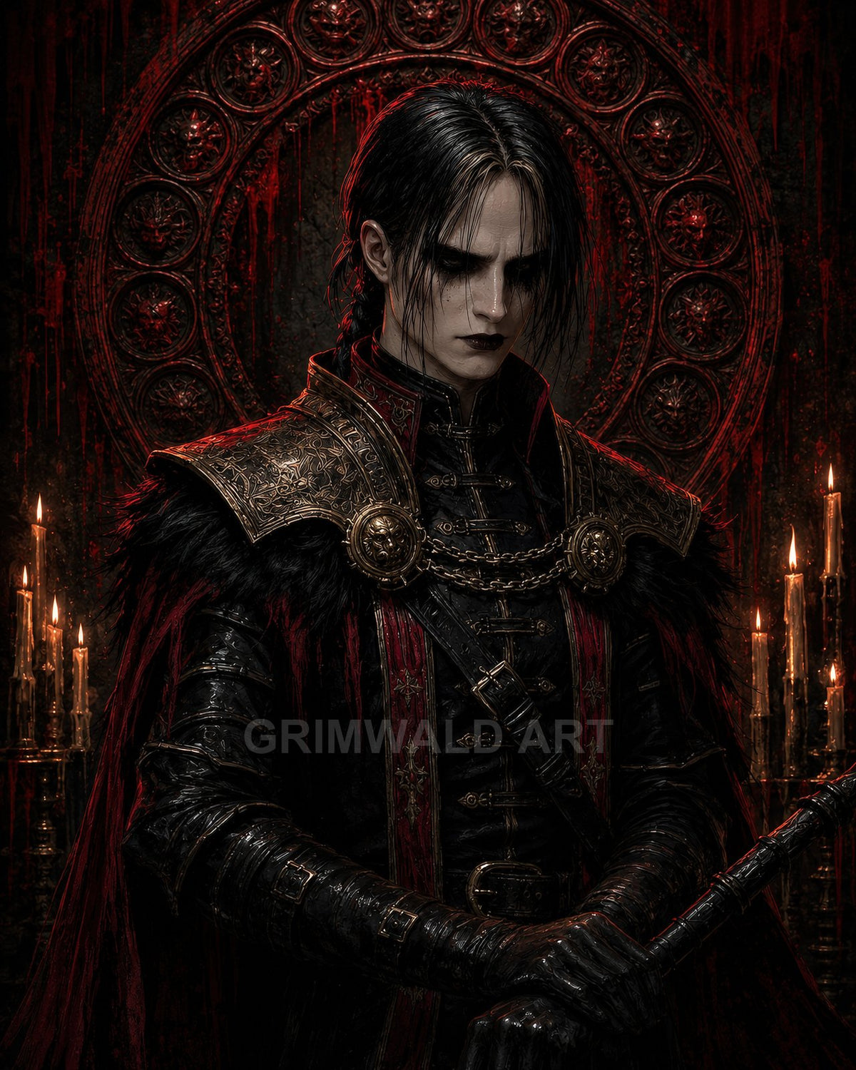 Dark-haired, pale vampire noble in ornate black-and-gold armour and crimson cloak, gripping a staff before candles and a blood-streaked gothic rosette.