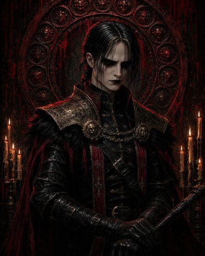 GRID THUMBNAIL — Dark-haired, pale vampire noble in ornate black-and-gold armour and crimson cloak, gripping a staff before candles and a blood-streaked gothic rosette.