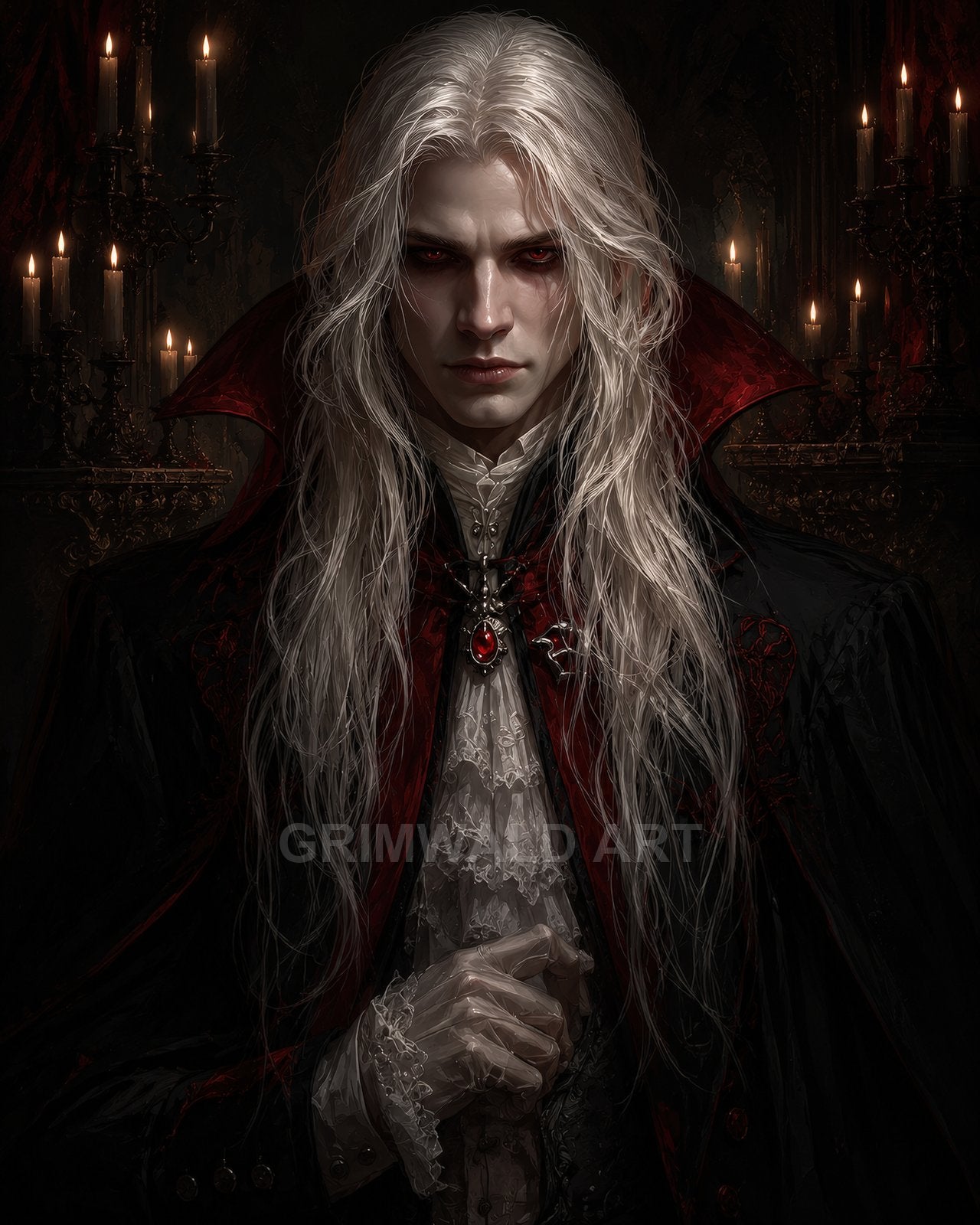 Pale long-haired vampire noble in black and crimson cloak, ruby pendant and lace, standing before candlelit gothic interior with candelabras.