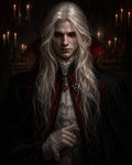 GRID THUMBNAIL — Pale long-haired vampire noble in black and crimson cloak, ruby pendant and lace, standing before candlelit gothic interior with candelabras.