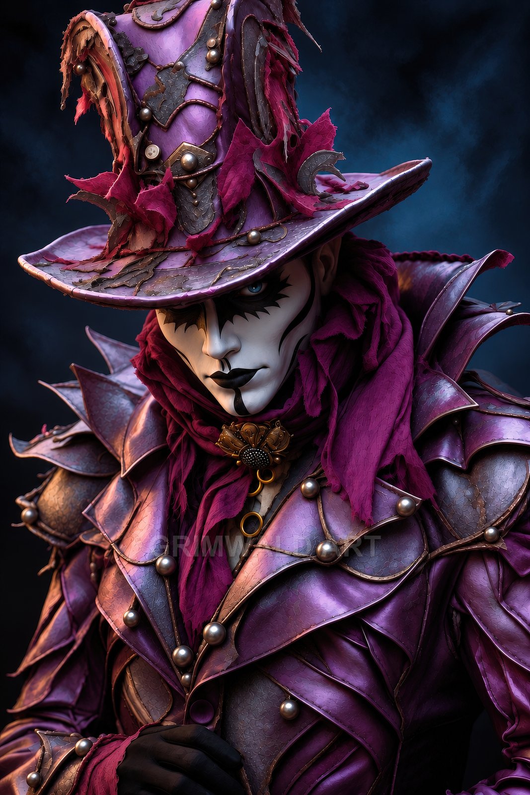 Androgynous gothic bard in purple leather armour and towering plumed top hat, white face with black makeup, set against a dark smoky background.