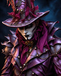 GRID THUMBNAIL — Androgynous gothic bard in purple leather armour and towering plumed top hat, white face with black makeup, set against a dark smoky background.