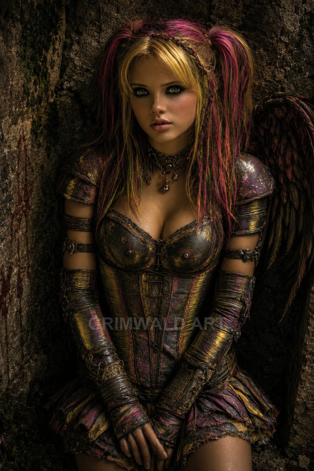 Winged young woman with pink-blonde hair in ornate gothic corset armour sits against a bloodstained stone wall under moody night lighting.