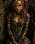 GRID THUMBNAIL — Winged young woman with pink-blonde hair in ornate gothic corset armour sits against a bloodstained stone wall under moody night lighting.