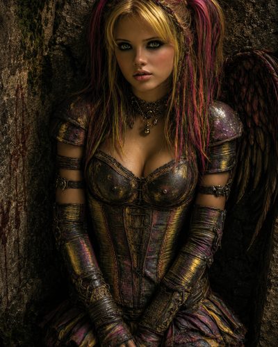 GRID THUMBNAIL — Winged young woman with pink-blonde hair in ornate gothic corset armour sits against a bloodstained stone wall under moody night lighting.