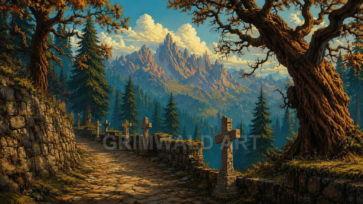 Cobbled path with carved stone crosses winds past ancient oaks toward conifer forests and jagged mountain peaks, glowing under golden-hour light and billowing clouds.