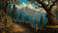 GRID THUMBNAIL — Cobbled path with carved stone crosses winds past ancient oaks toward conifer forests and jagged mountain peaks, glowing under golden-hour light and billowing clouds.