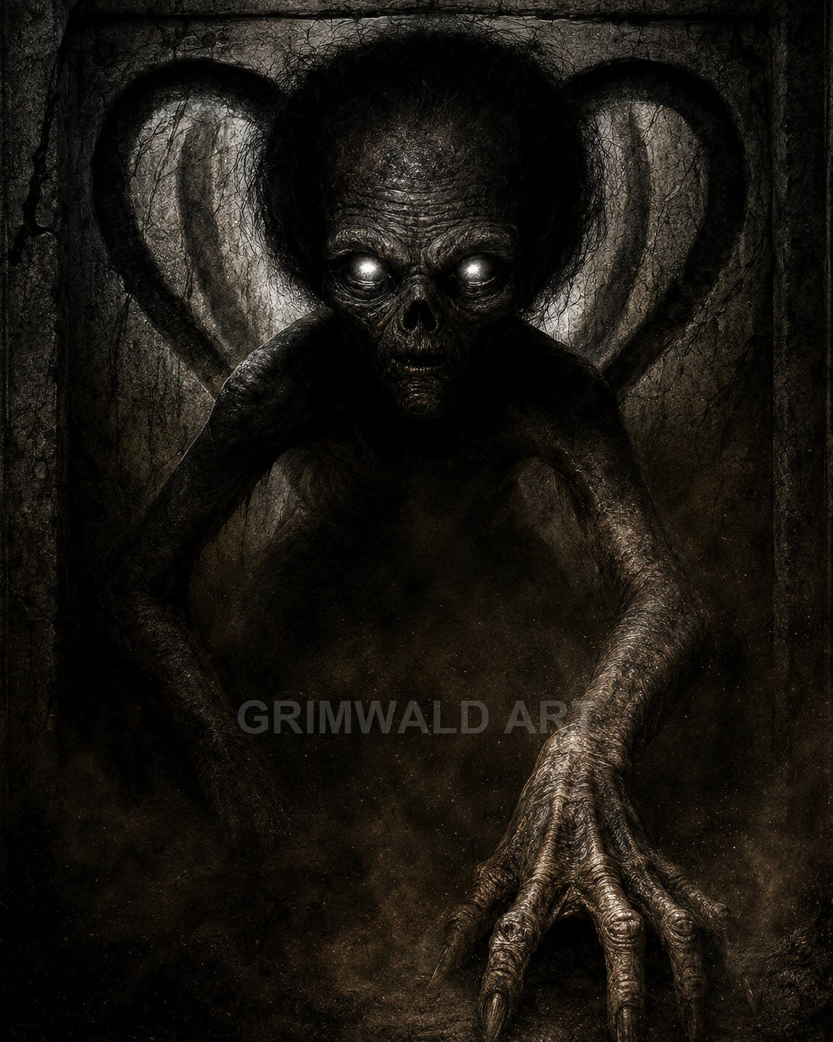 Gaunt winged demon with glowing eyes crawls from a stone crypt, one long clawed hand reaching forward through swirling dust and darkness.