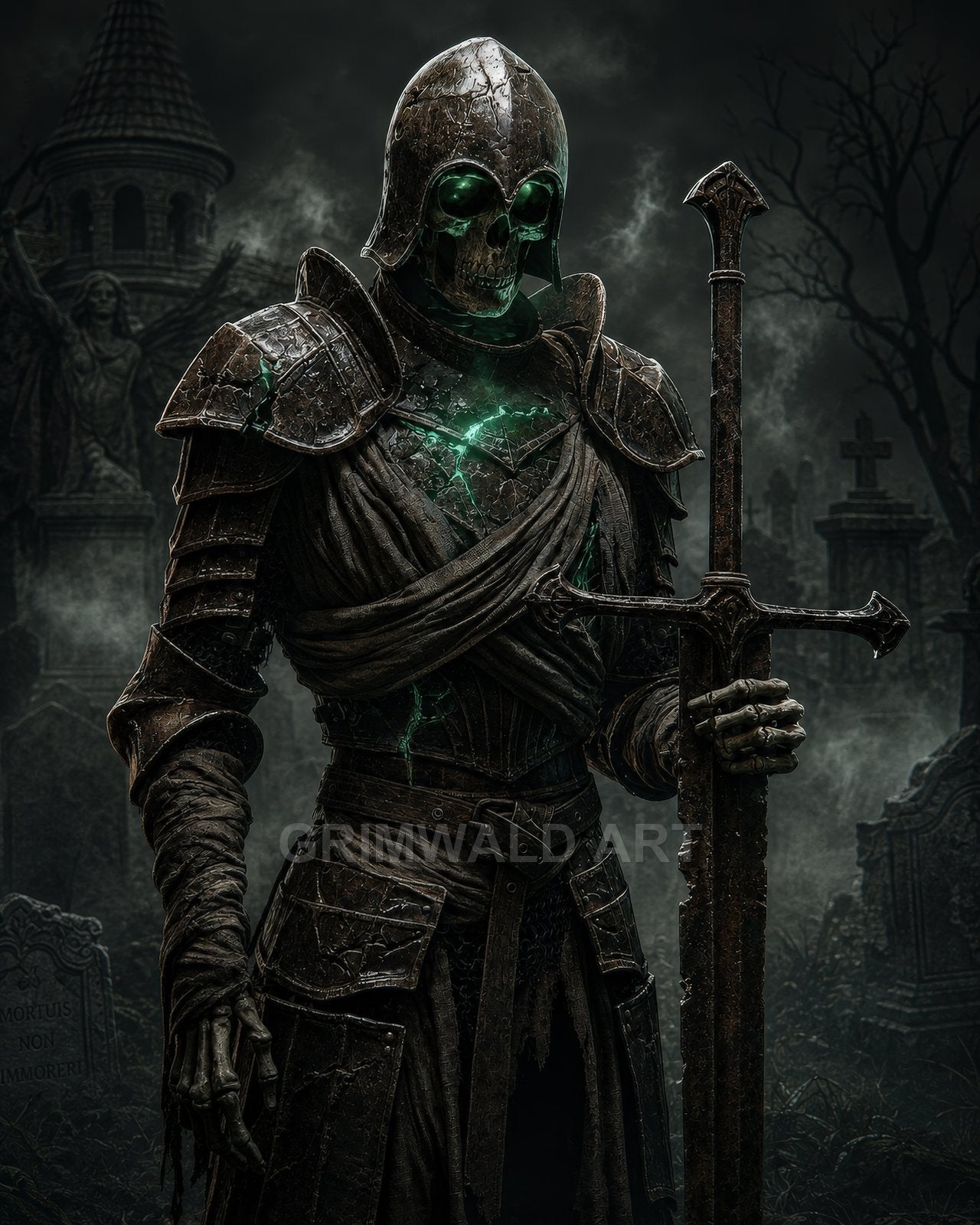 Armoured skeletal knight with glowing green eyes and cracked, emerald-lit chest grips a greatsword in a foggy, moonlit graveyard with gothic spires.