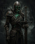 GRID THUMBNAIL — Armoured skeletal knight with glowing green eyes and cracked, emerald-lit chest grips a greatsword in a foggy, moonlit graveyard with gothic spires.