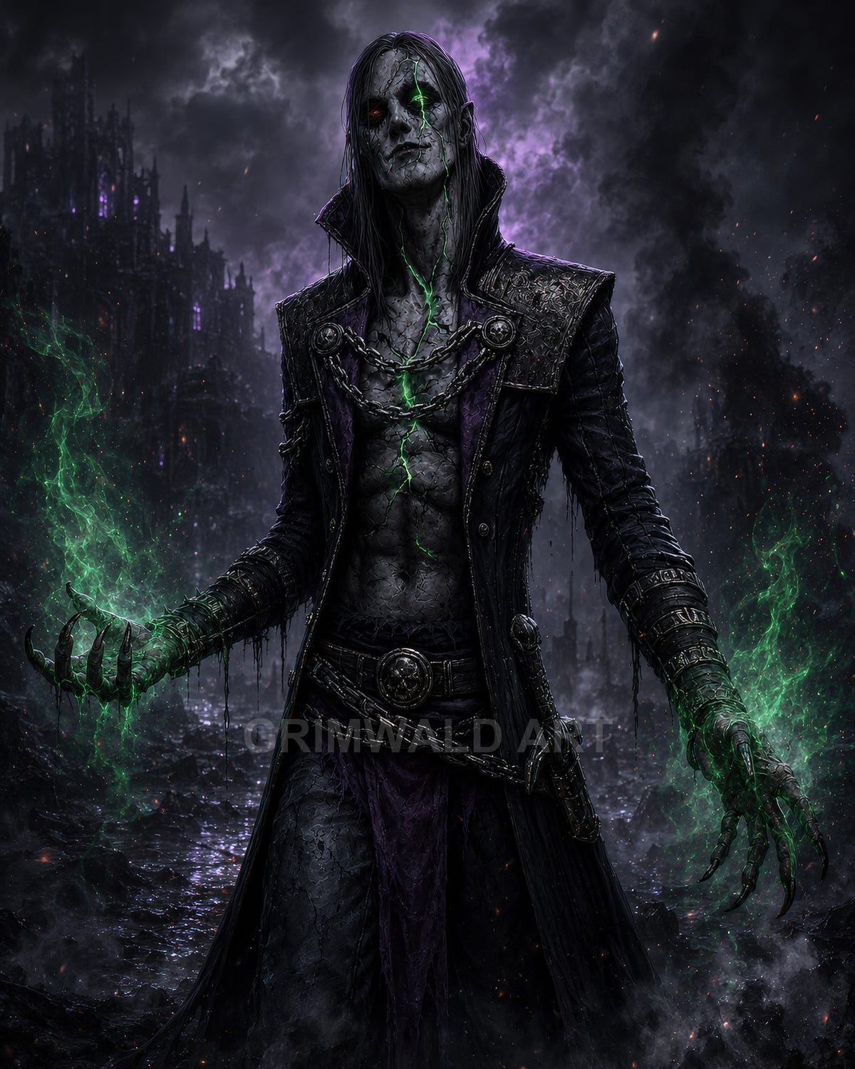 Undead necromancer with glowing green magic and chains stands in rain-slick ruins beneath purple storm clouds, red eyes burning in the night.