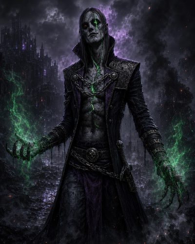 GRID THUMBNAIL — Undead necromancer with glowing green magic and chains stands in rain-slick ruins beneath purple storm clouds, red eyes burning in the night.