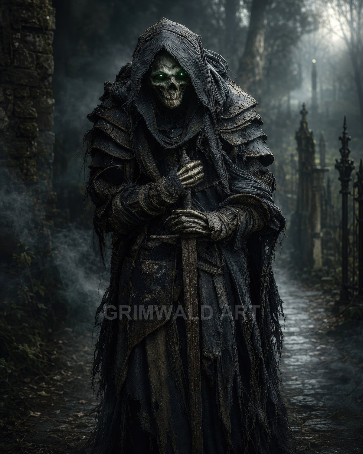 Armoured skeletal figure with glowing green eyes in a tattered hood, gripping a sword amid a foggy graveyard path with headstones and trees.