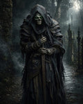 GRID THUMBNAIL — Armoured skeletal figure with glowing green eyes in a tattered hood, gripping a sword amid a foggy graveyard path with headstones and trees.