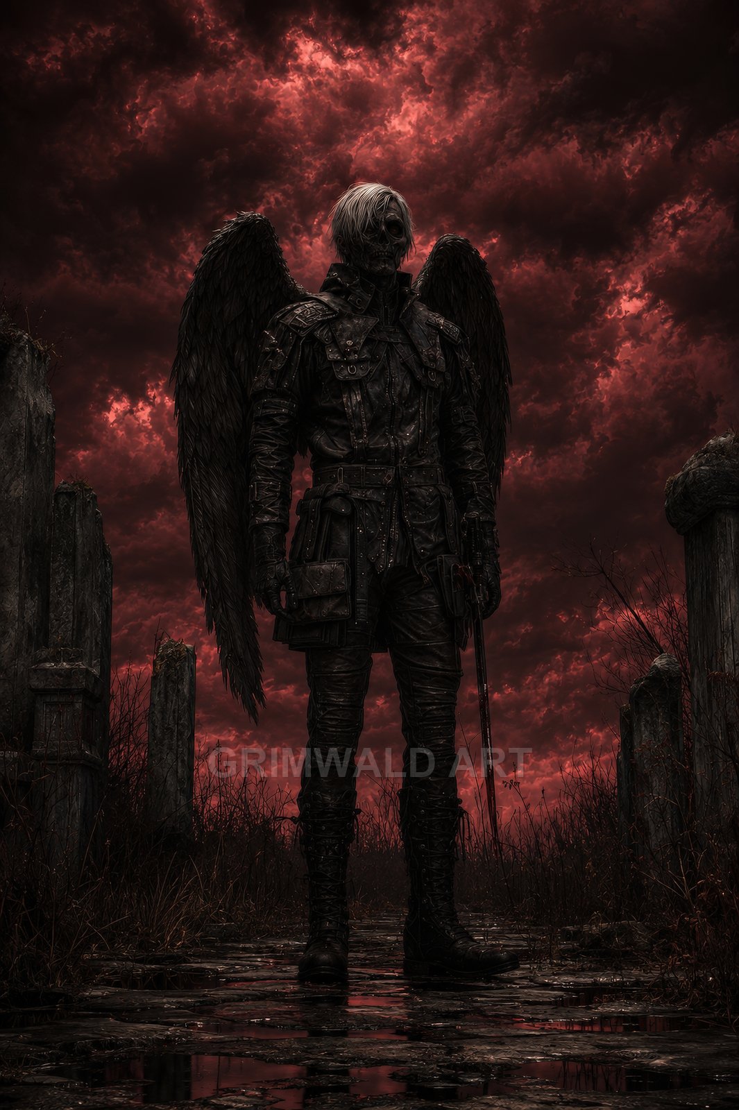 Armoured dark angel with black wings and sword stands among crumbling gravestones on a wet path under a blood-red stormy sky.