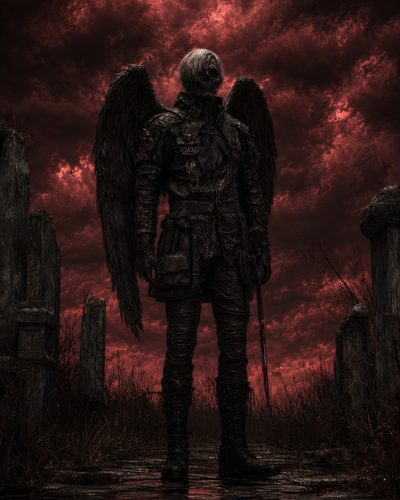 GRID THUMBNAIL — Armoured dark angel with black wings and sword stands among crumbling gravestones on a wet path under a blood-red stormy sky.