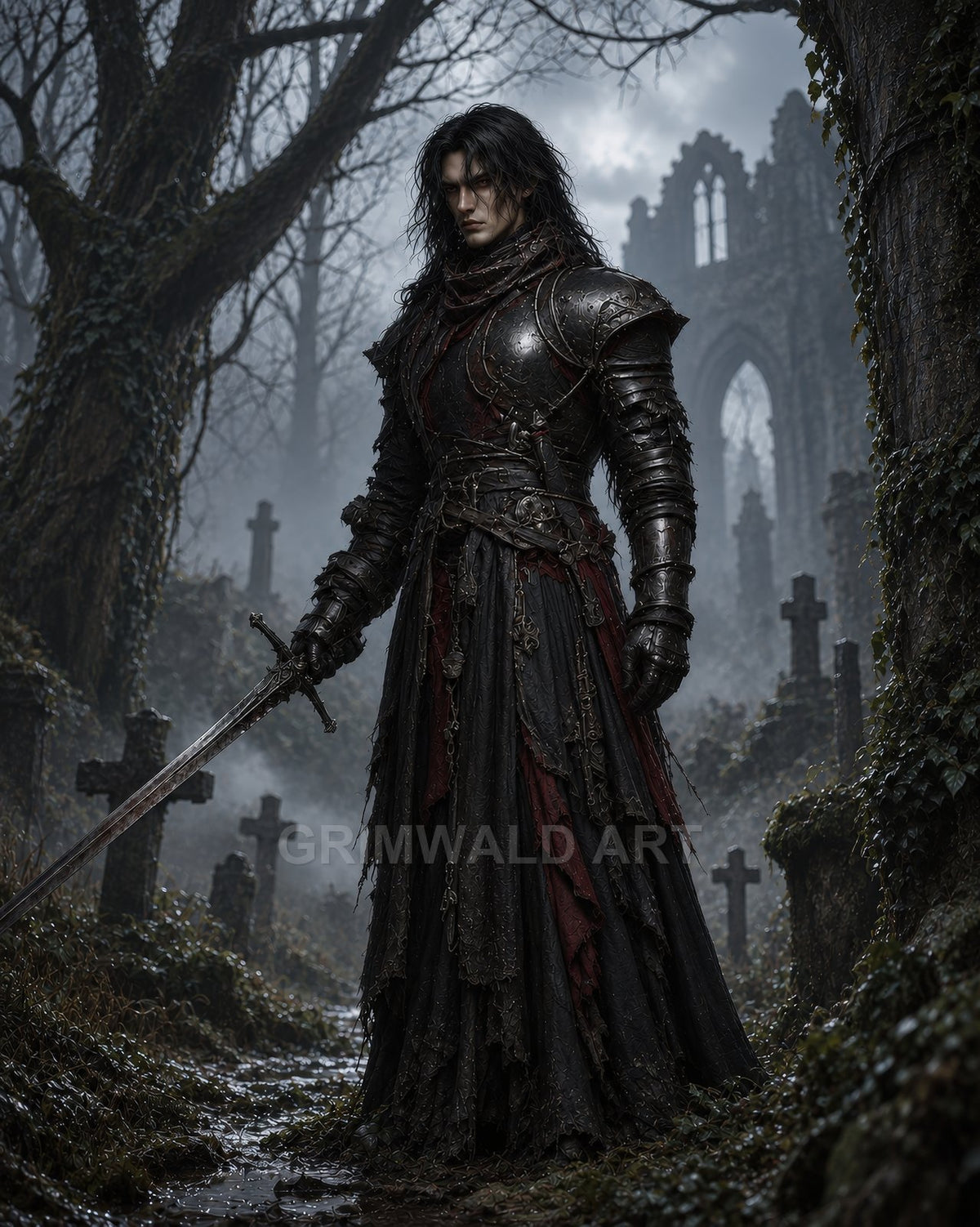 Brooding armoured knight with long hair holding a sword in a misty graveyard, ivy-clad ruins and bare trees looming under twilight skies.
