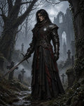 GRID THUMBNAIL — Brooding armoured knight with long hair holding a sword in a misty graveyard, ivy-clad ruins and bare trees looming under twilight skies.