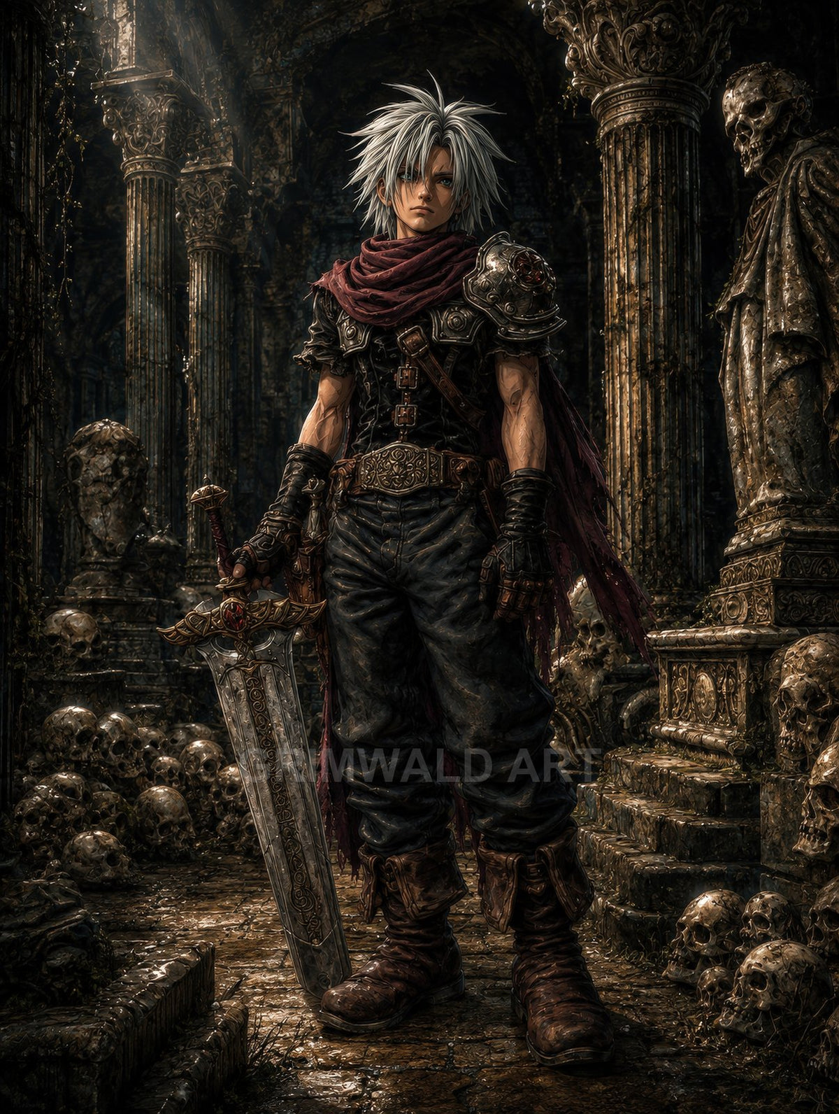 White-haired armoured warrior with red scarf holds an ornate greatsword, standing in a skull-strewn crypt with carved pillars and dim, moody light.