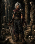GRID THUMBNAIL — White-haired armoured warrior with red scarf holds an ornate greatsword, standing in a skull-strewn crypt with carved pillars and dim, moody light.