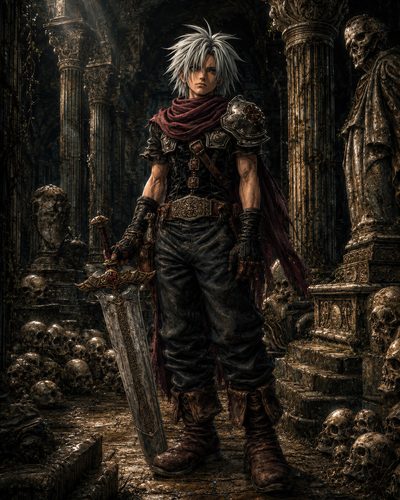 GRID THUMBNAIL — White-haired armoured warrior with red scarf holds an ornate greatsword, standing in a skull-strewn crypt with carved pillars and dim, moody light.
