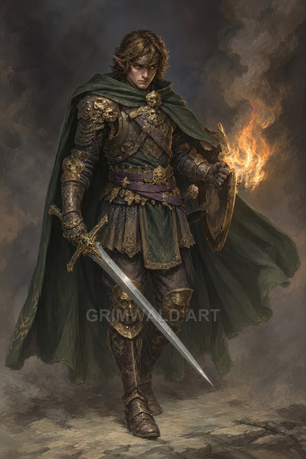 Armoured elf paladin in a green cloak holds a sword and flaming shield, standing against smoky darkness with ornate skull-detailed armour.