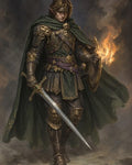 GRID THUMBNAIL — Armoured elf paladin in a green cloak holds a sword and flaming shield, standing against smoky darkness with ornate skull-detailed armour.