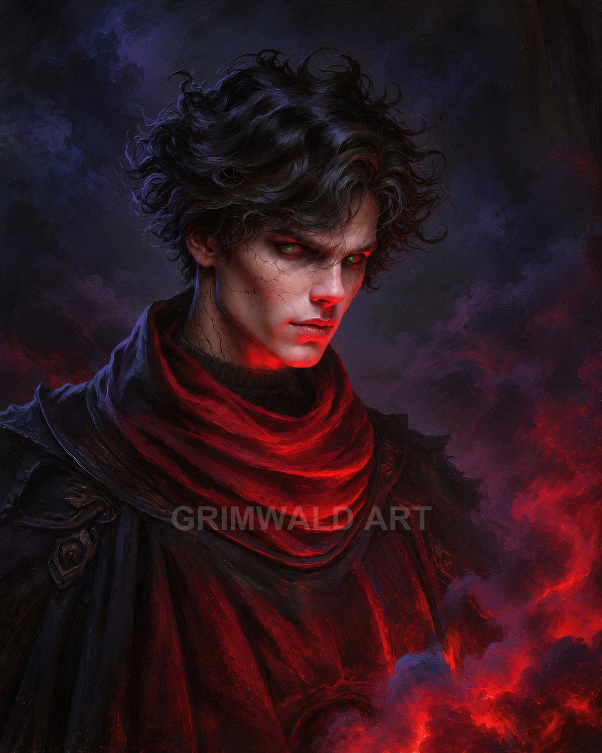 Dark fantasy portrait of a male sorcerer with glowing green eyes, cracked skin and red scarf, conjuring crimson smoke-like flames against a shadowy backdrop.