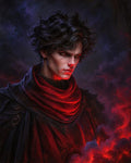 GRID THUMBNAIL — Dark fantasy portrait of a male sorcerer with glowing green eyes, cracked skin and red scarf, conjuring crimson smoke-like flames against a shadowy backdrop.