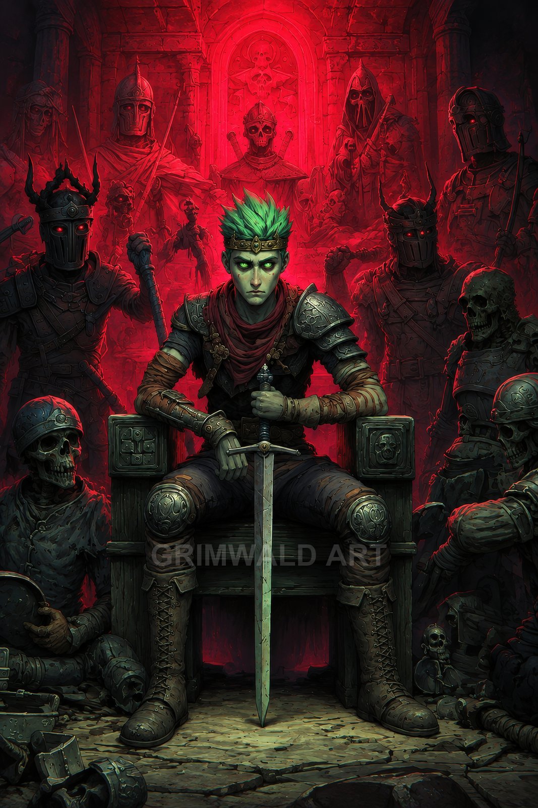 Armoured youth with green hair and glowing eyes sits on a stone throne, gripping a sword, surrounded by skeletal warriors under red, ominous crypt light.