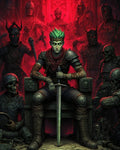 GRID THUMBNAIL — Armoured youth with green hair and glowing eyes sits on a stone throne, gripping a sword, surrounded by skeletal warriors under red, ominous crypt light.
