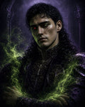GRID THUMBNAIL — Dark-haired male warlock with glowing red and green eyes stands amid swirling green magic, wearing ornate purple robes before gothic arches in dim light.