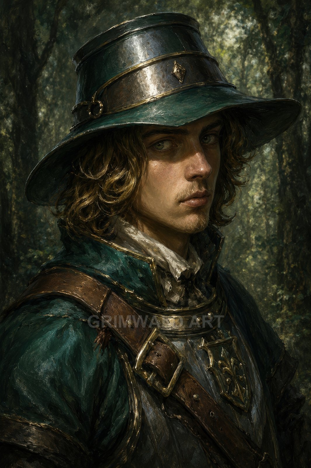 Portrait of a young male adventurer in green armour and wide-brimmed hat, leather straps and crest, standing in a shadowed forest.