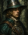 GRID THUMBNAIL — Portrait of a young male adventurer in green armour and wide-brimmed hat, leather straps and crest, standing in a shadowed forest.
