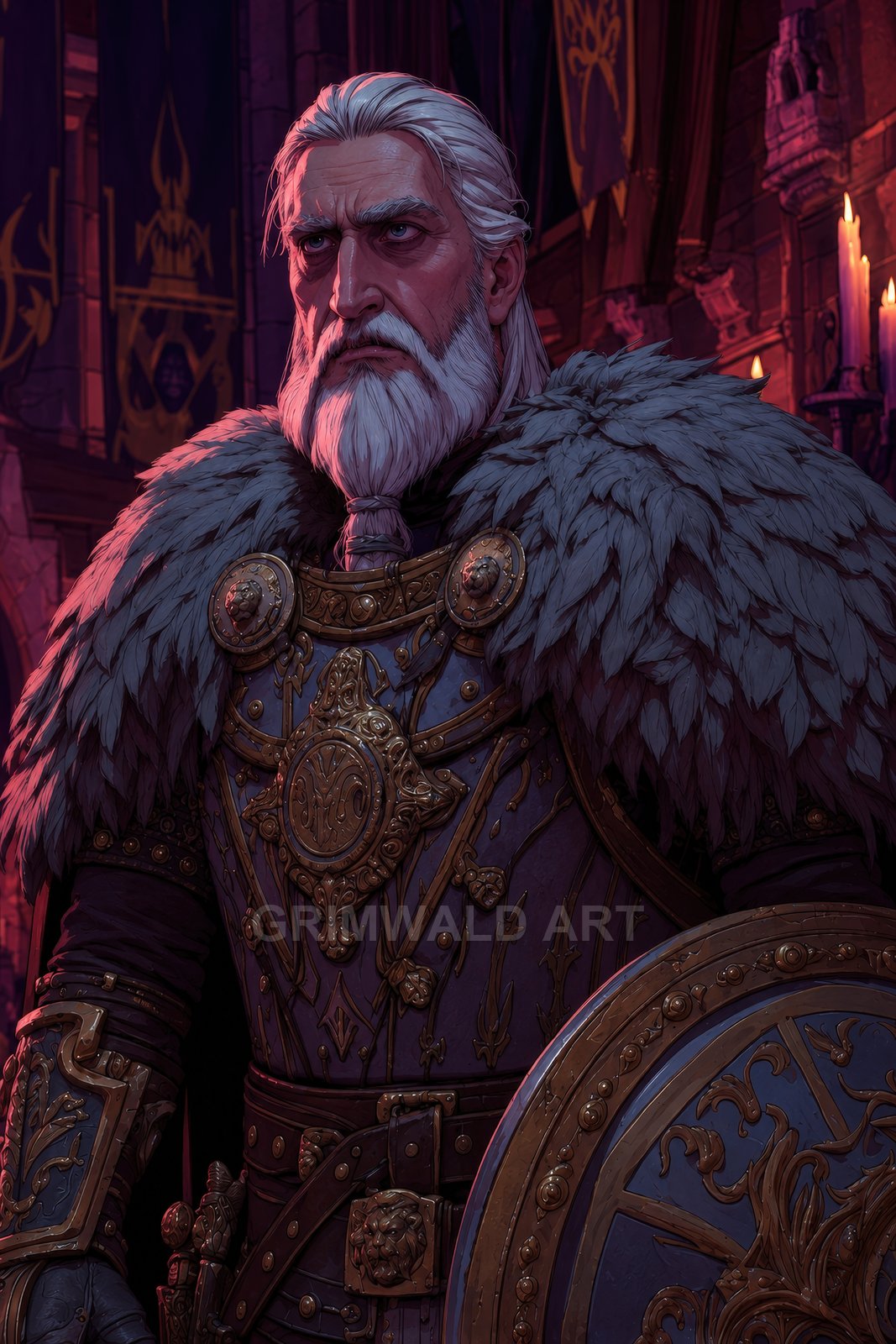 An older, grey-bearded knight in ornate armour and fur mantle holds a round shield inside a candlelit castle hall with banners.