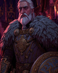GRID THUMBNAIL — An older, grey-bearded knight in ornate armour and fur mantle holds a round shield inside a candlelit castle hall with banners.
