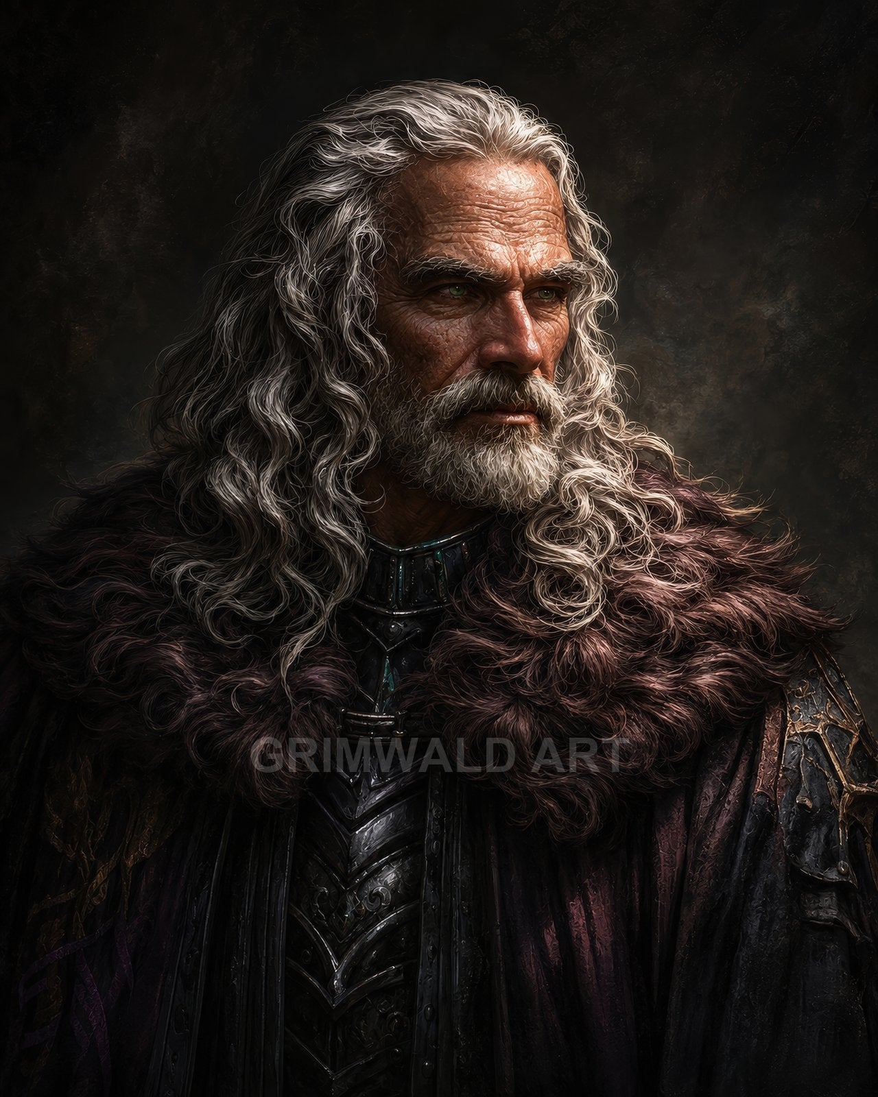 Firelit portrait of an older male warrior with long grey hair and beard, wearing dark ornate armour and a heavy brown fur mantle against shadow.