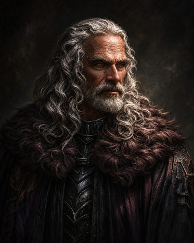 GRID THUMBNAIL — Firelit portrait of an older male warrior with long grey hair and beard, wearing dark ornate armour and a heavy brown fur mantle against shadow.
