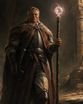GRID THUMBNAIL — Grey-haired male wizard wearing fur cloak and armour holds a glowing staff inside a crumbling stone hall with arches and dust-laden ruins.