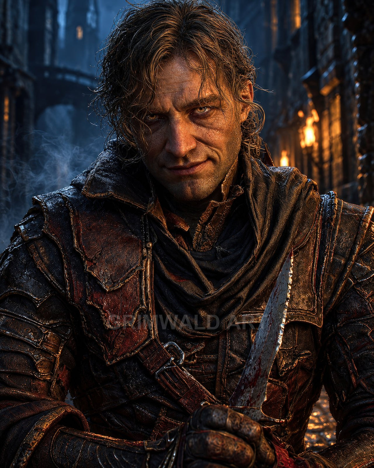 Weathered male assassin in battered leather armour grips a bloodied dagger in a torchlit medieval alley, staring coldly at the viewer.