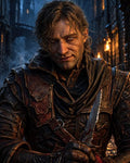 GRID THUMBNAIL — Weathered male assassin in battered leather armour grips a bloodied dagger in a torchlit medieval alley, staring coldly at the viewer.