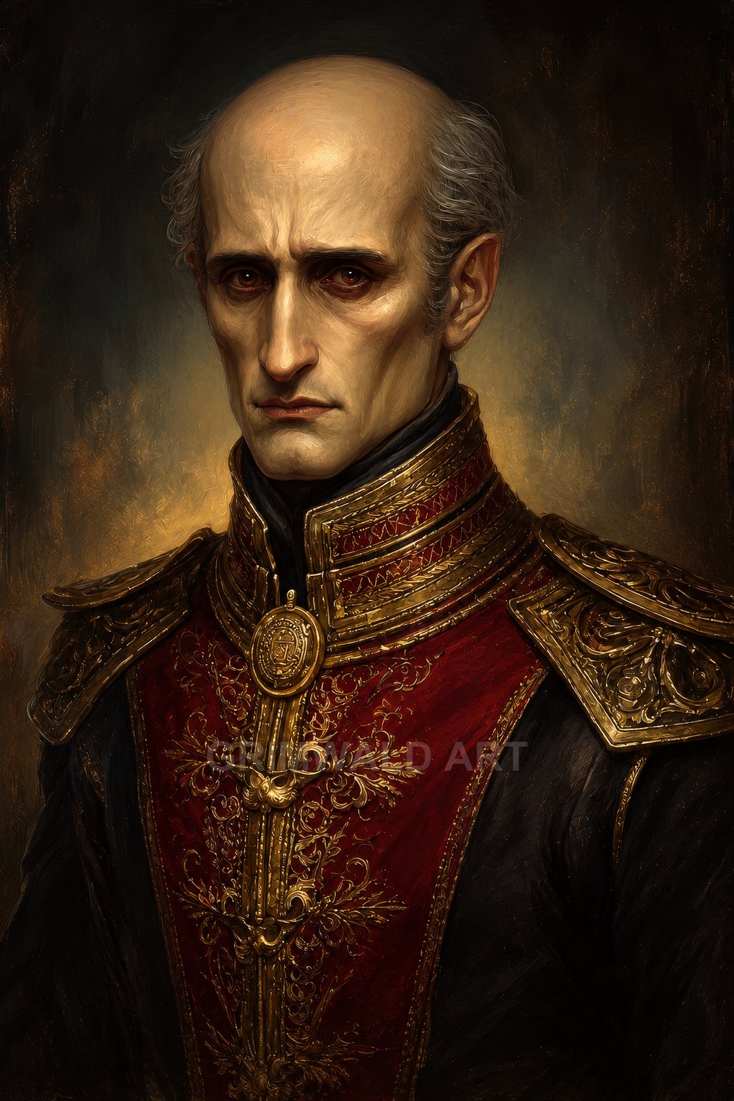 Portrait of a stern, balding man in ornate red and gold military attire with epaulettes, lit warmly against a dark, painterly background.