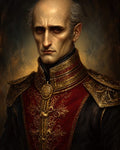 GRID THUMBNAIL — Portrait of a stern, balding man in ornate red and gold military attire with epaulettes, lit warmly against a dark, painterly background.