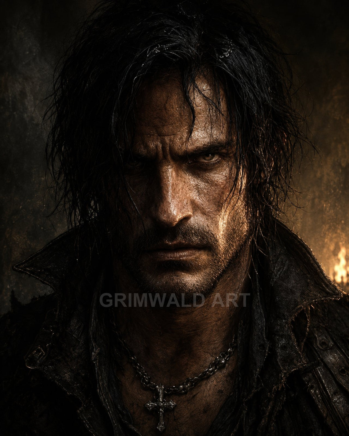 Gritty close-up portrait of a wet-haired, scarred man in dark leathers, firelit background, chain and cross pendant, intense gaze.