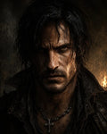 GRID THUMBNAIL — Gritty close-up portrait of a wet-haired, scarred man in dark leathers, firelit background, chain and cross pendant, intense gaze.
