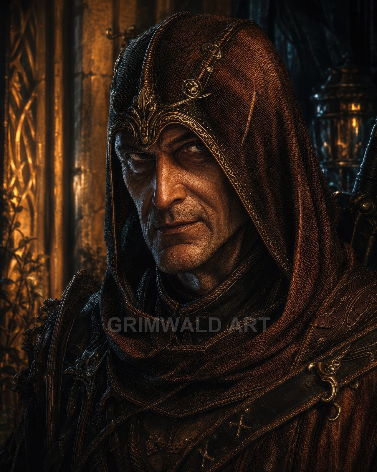 Close-up portrait of an older hooded rogue in ornate leather armour, gold-trimmed cowl and circlet, lit by warm firelight within a grand interior.