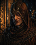 GRID THUMBNAIL — Close-up portrait of an older hooded rogue in ornate leather armour, gold-trimmed cowl and circlet, lit by warm firelight within a grand interior.